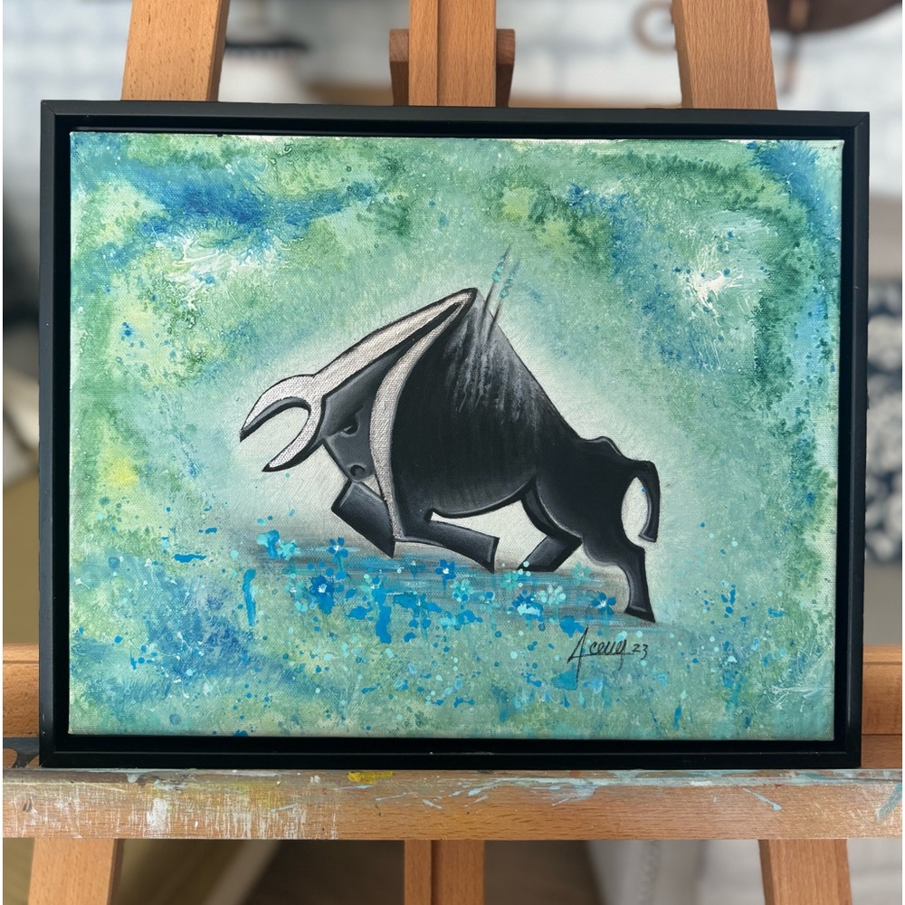 Original Hand Painting. Blue Wrench Whimsical Bull. Acrylic on Canvas 15” x 12”